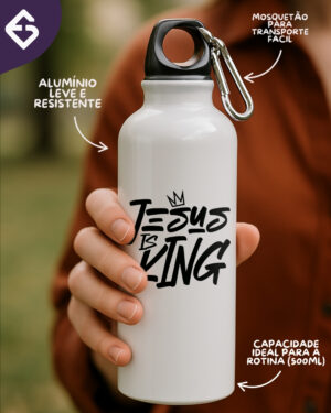 Squeeze de Alumínio com Mosquetão Jesus Is King- Branca – 500ml
