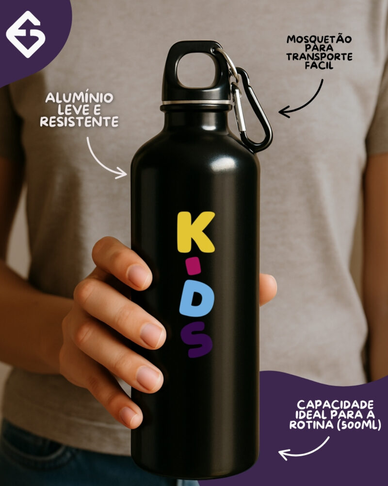 Squeeze de Alumínio com Mosquetão Kids Preta – 500ml